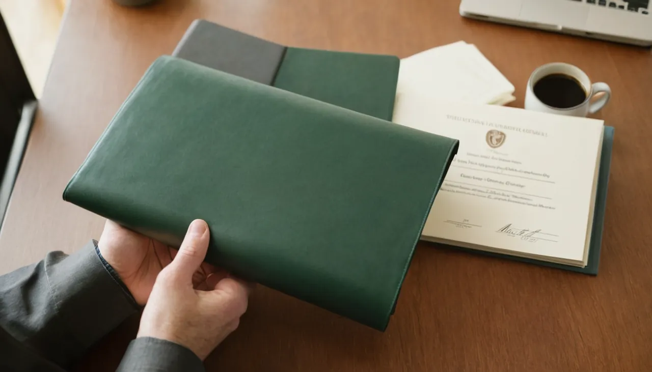 Kütüphane masasında diploma dosyası tutan mezun