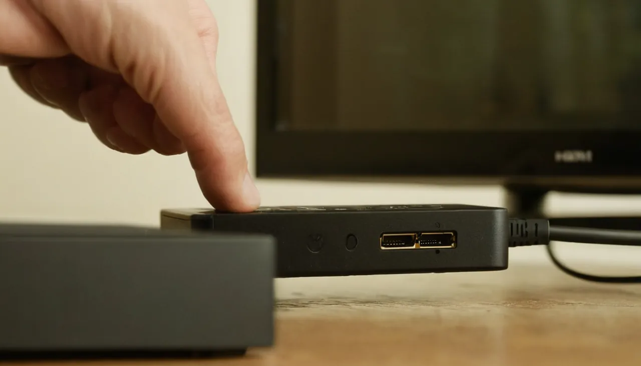 Televizyonun yan HDMI girişine yayın cihazı takan el