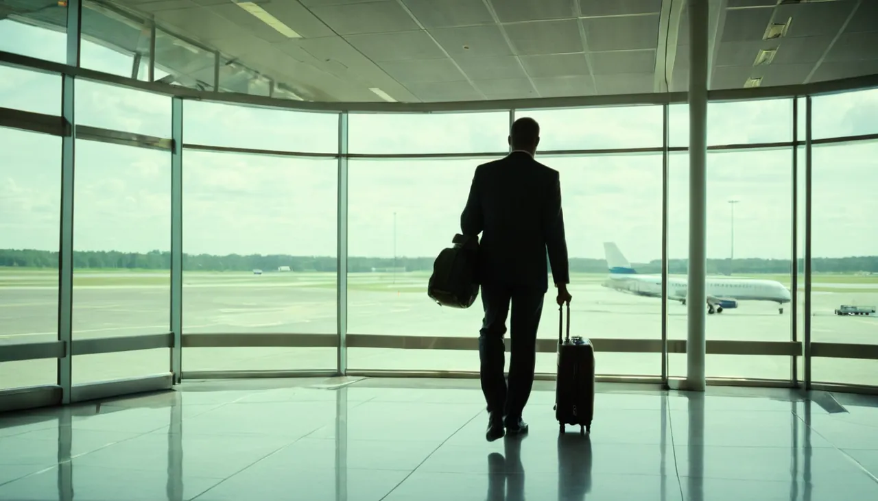 Kabin bavuluyla havalimanı transfer koridorunda yürüyen yolcu