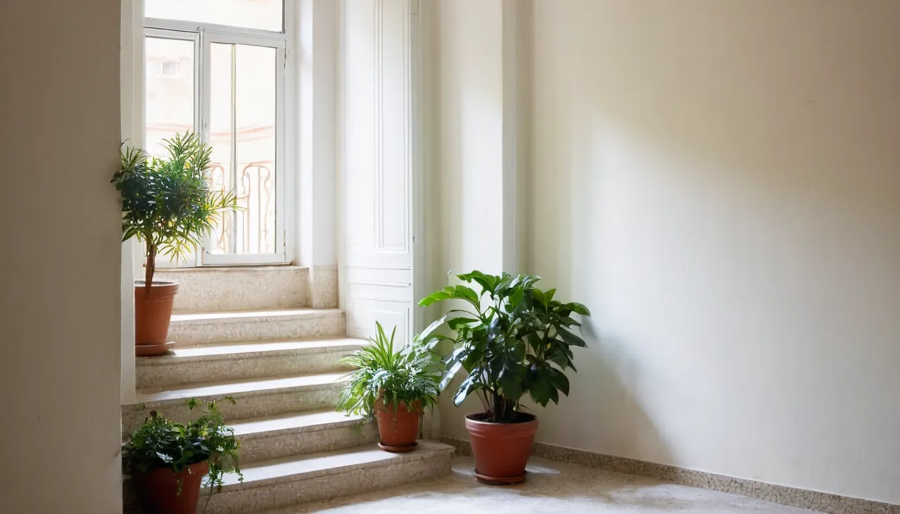 Saksı bitkili, temiz ve aydınlık apartman merdiven boşluğu