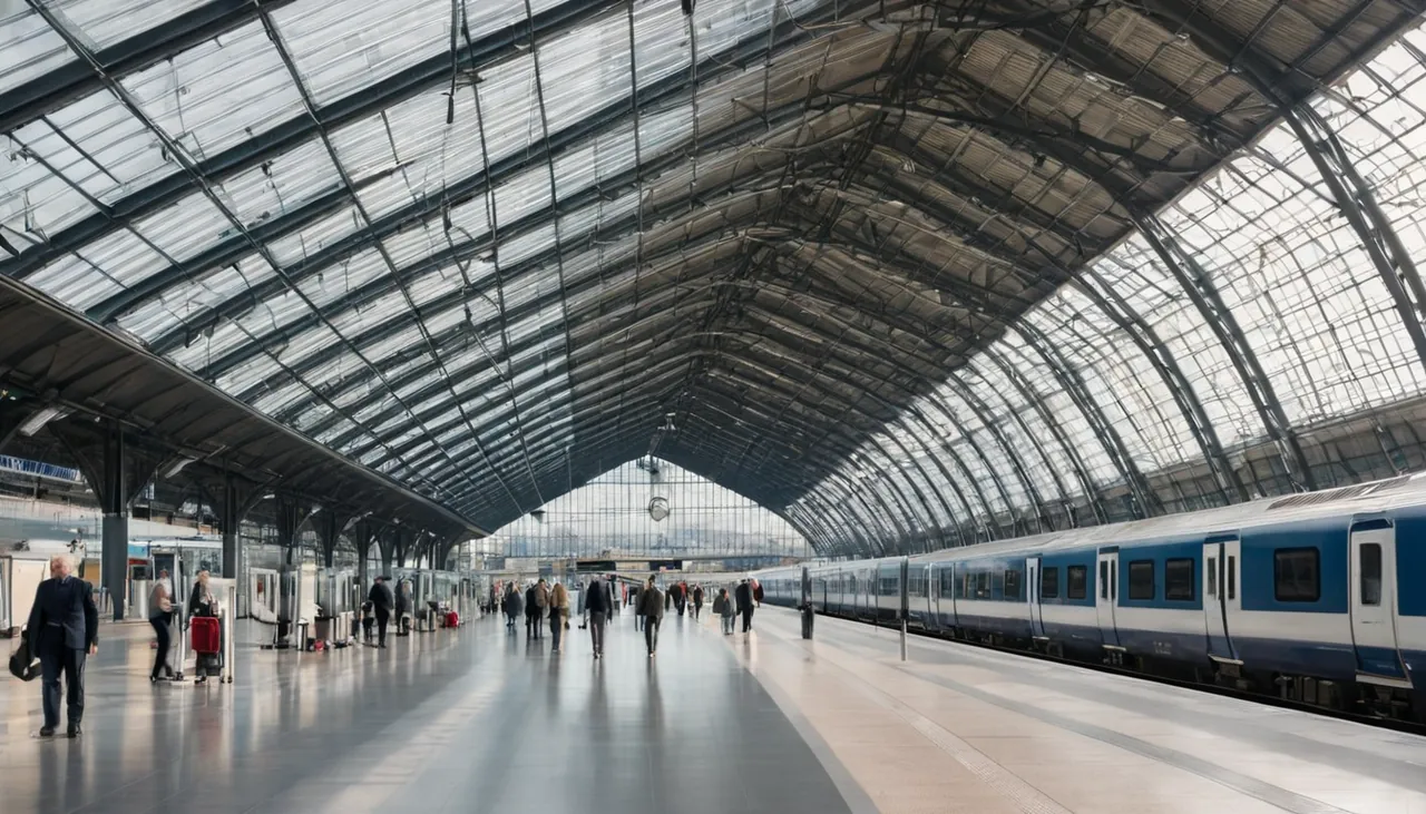 Cam çatılı istasyonda bekleyen tren ve valizli yolcular