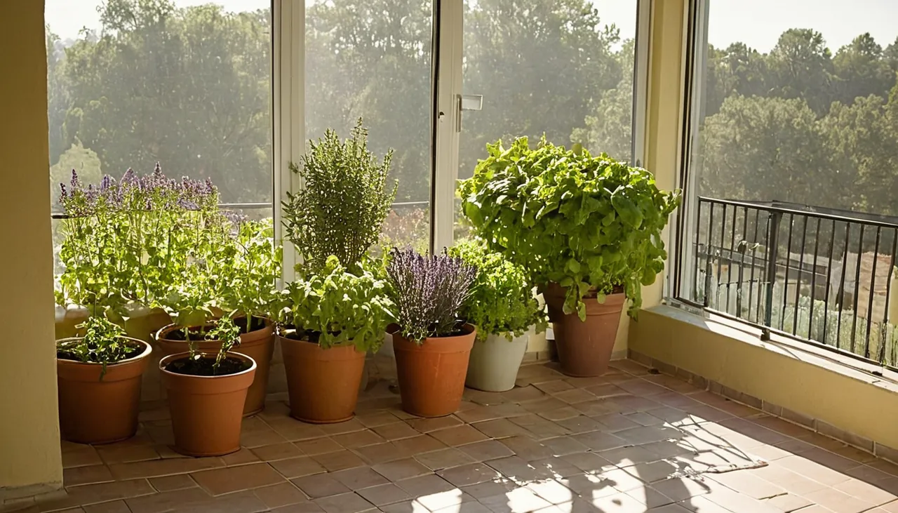 Duvar dibine dizilmiş saksılarla küçük balkon bahçesi