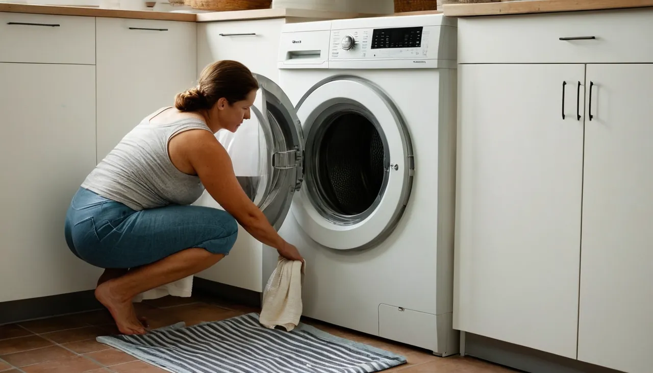 Çamaşır makinesinin pompa filtresinin altına kap yerleştiriliyor
