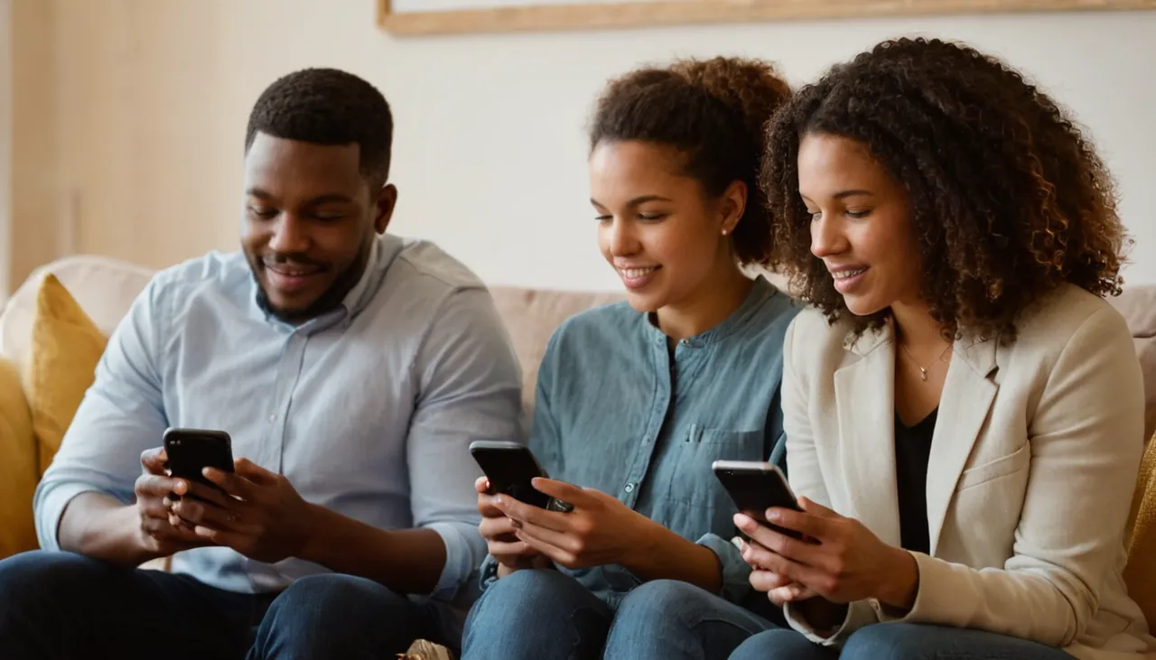 Kanepede iki arkadaş telefonlarını karşılaştırıyor