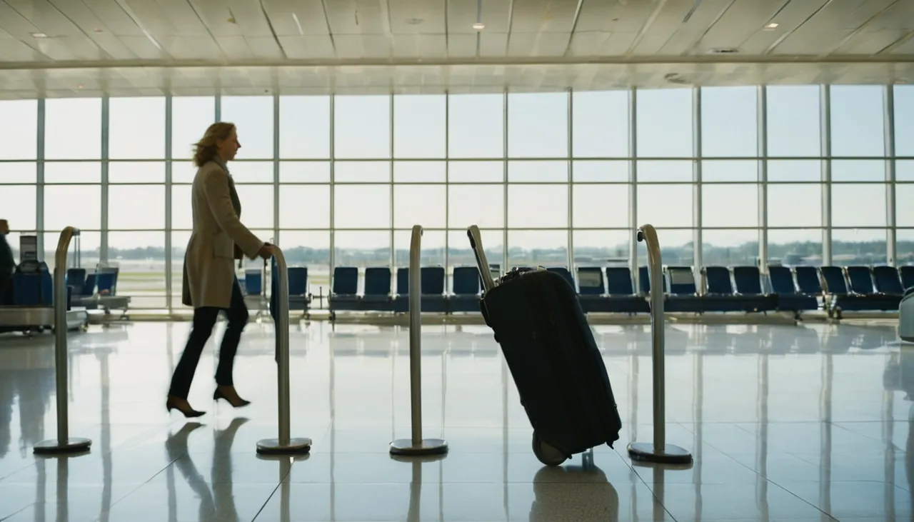 Bavuluyla aceleyle check-in kontuarına koşan yolcu
