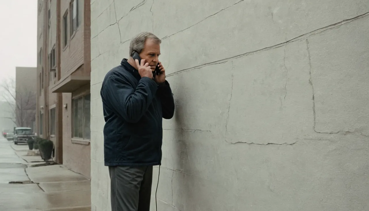 Çatlak duvarlı binanın önünde telefonla görüşen adam