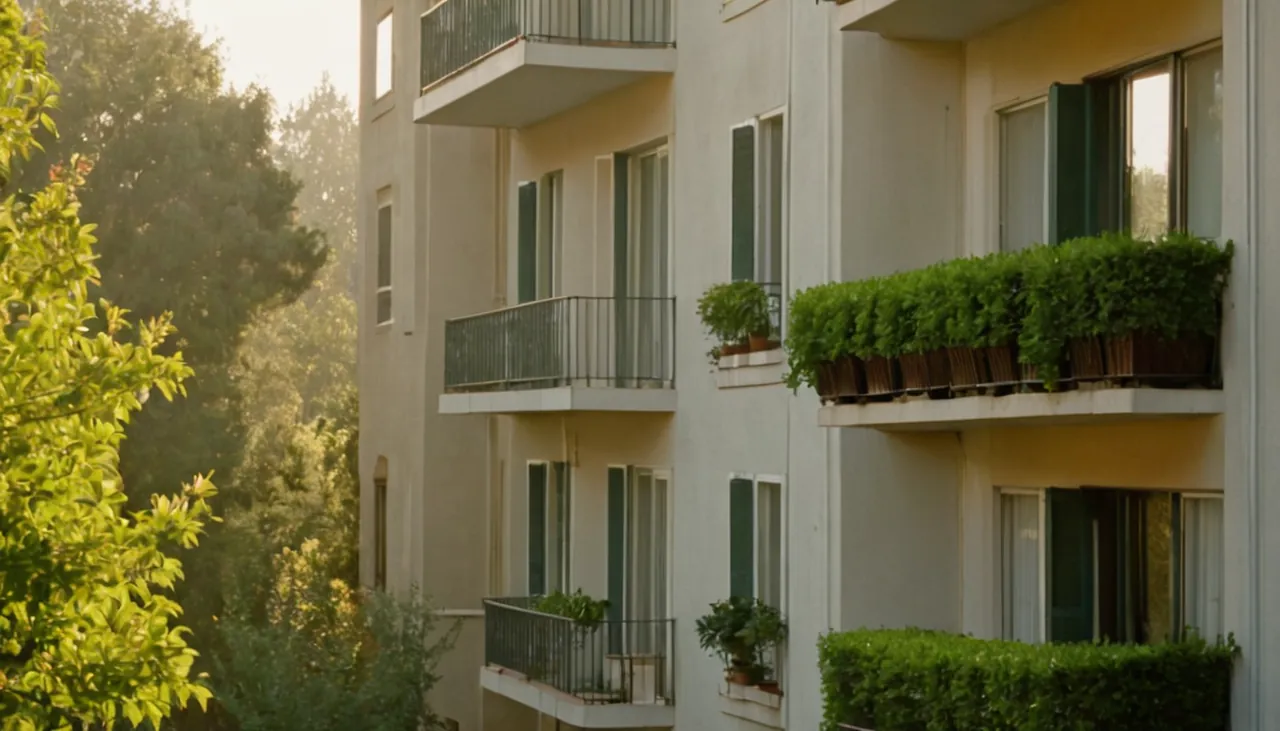 Sabah ışığında balkonlu bir apartman binası
