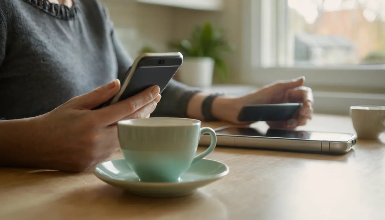 Mutfak masasında akıllı telefon kullanan kadının elleri