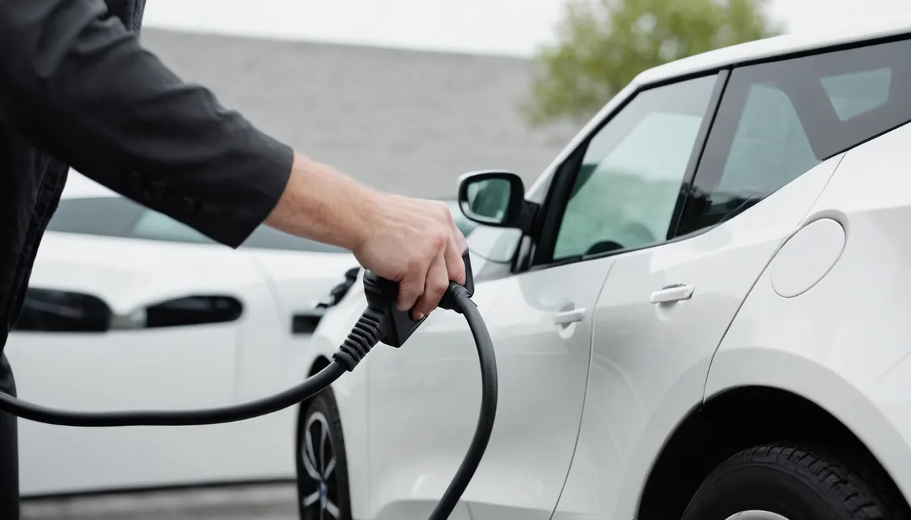 Elektrikli aracın yan panelindeki şarj portuna konnektör takılıyor