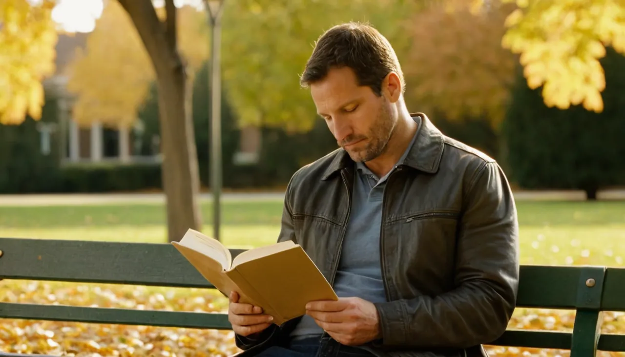 Sonbaharda bankta telefonunu bırakıp kitap okuyan adam