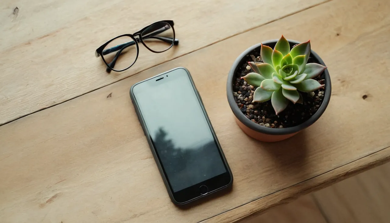 Ahşap masada telefon, gözlük ve küçük bir saksı bitkisi