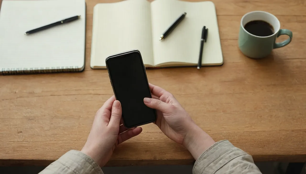 Düzenli bir masada telefon tutan eller ve kapalı defter