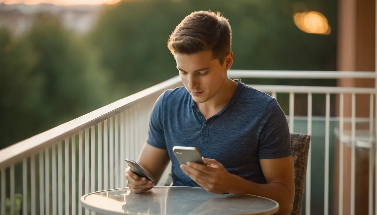 Balkonda telefonundan işlem yapan genç adam