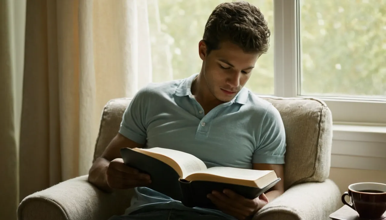 Pencere önünde koltukta kalın bir kitap okuyan genç adam