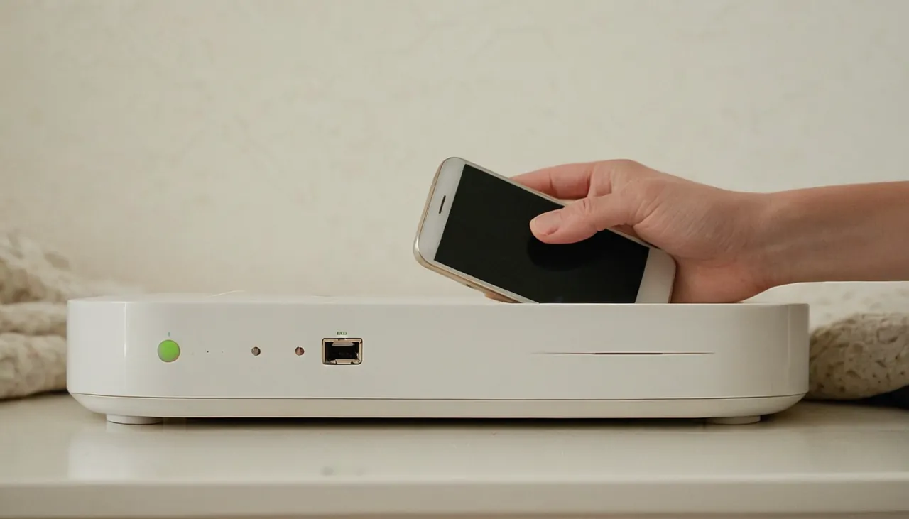 Yatakta ters tutulan telefon ve rafta duran sade modem