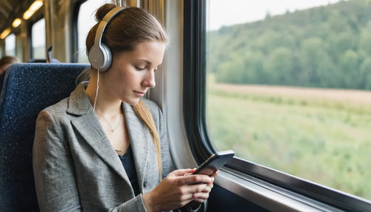 Tren penceresi kenarında kulaklıkla telefon kullanan yolcu