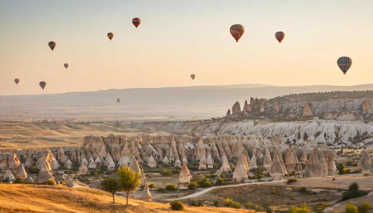 Gün doğumunda Kapadokya peribacaları üzerinde uçan balonlar