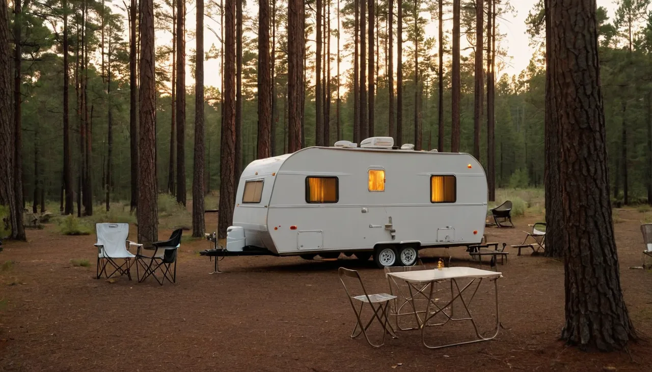 Çam ormanında gün batımında park edilmiş küçük karavan