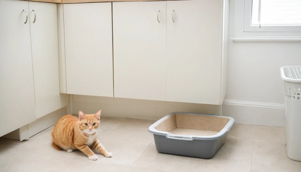Geniş açık kum kabına giren sarman kedi