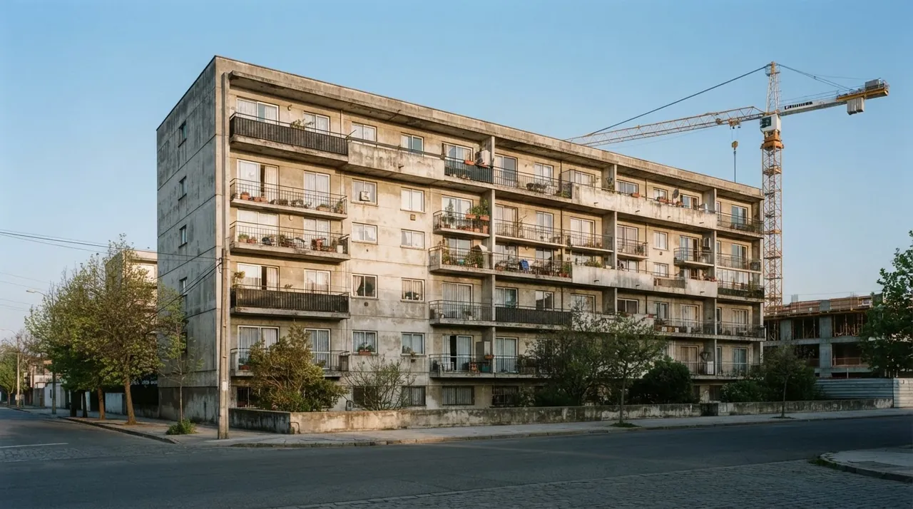 Arka planda vinç görünen eski betonarme apartman