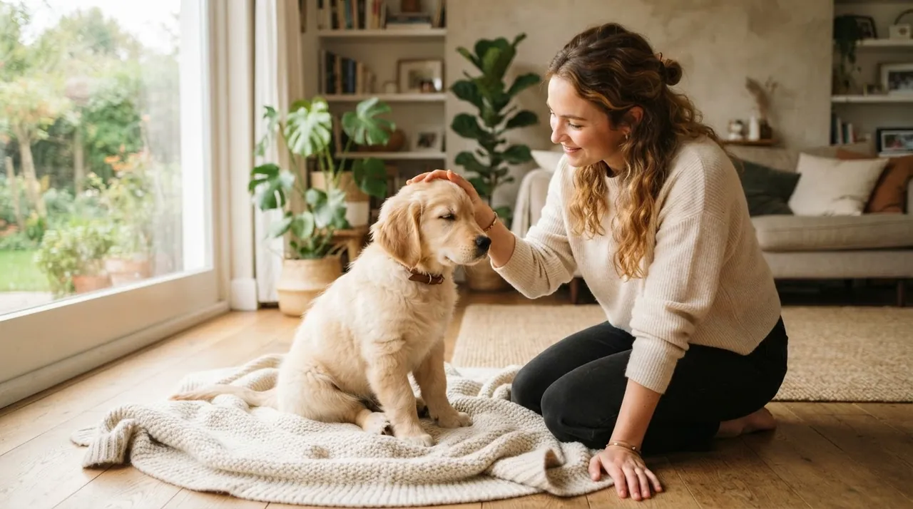 Battaniyede oturan golden retriever yavrusunu seven bir kişi