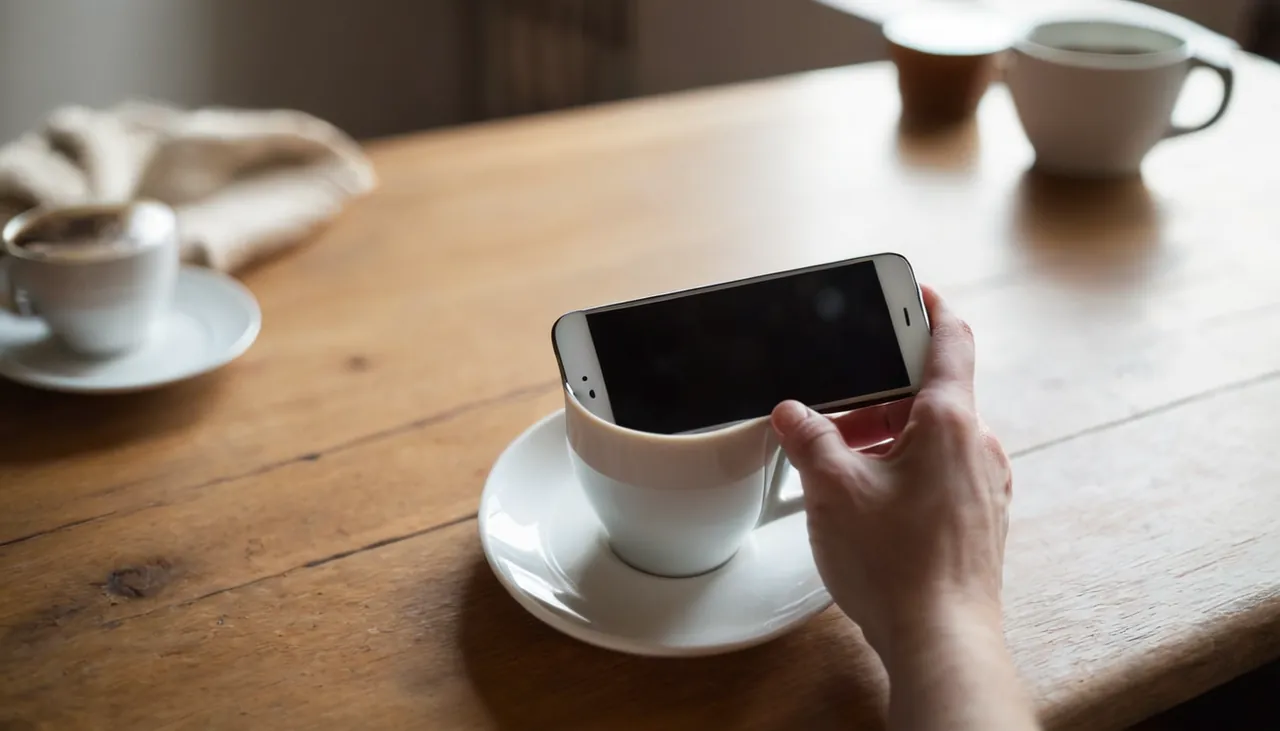 Sabah ışığında masa başında telefon tutan el