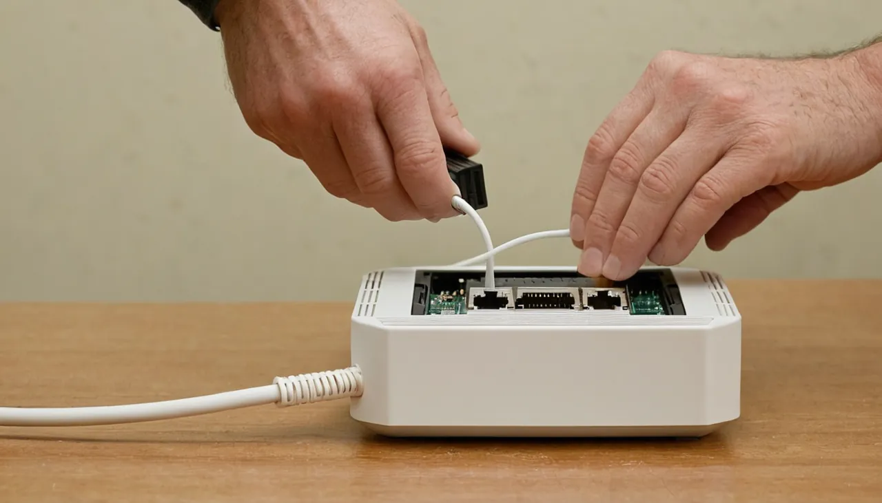 Beyaz router’ın arkasına ağ kablosu takan eller