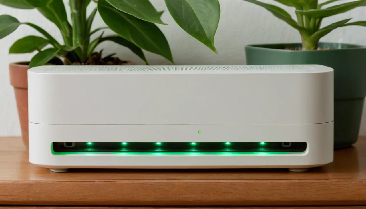Rafta yeşil ışıkları yanan beyaz modem