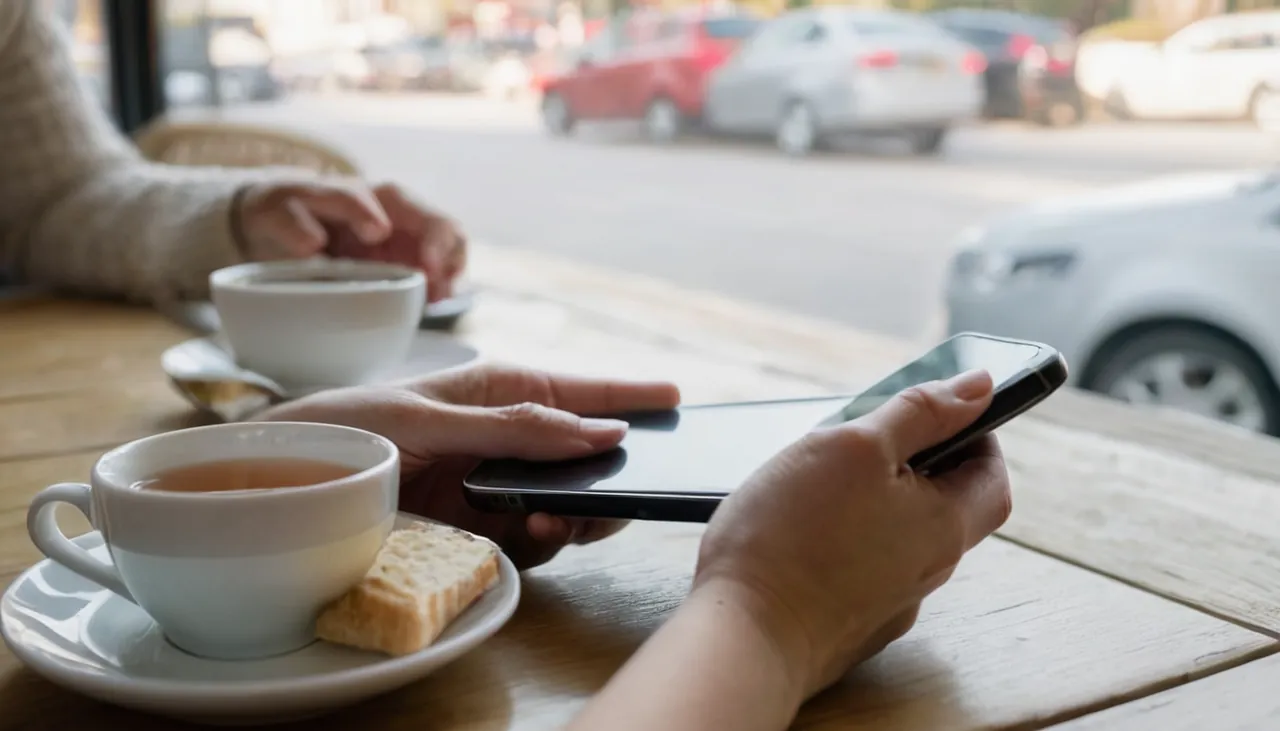 Kafe masasında telefona yazı yazan eller ve bir bardak çay