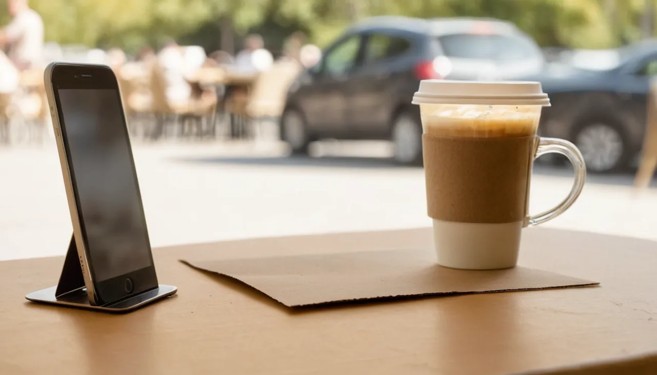 Kafe masasında telefonla kart üzerindeki kodu okutan el