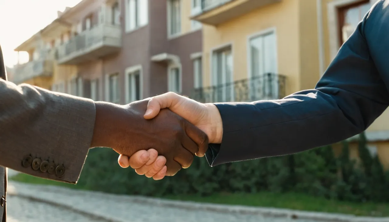 Apartman önünde anahtar elde tokalaşan iki kişi
