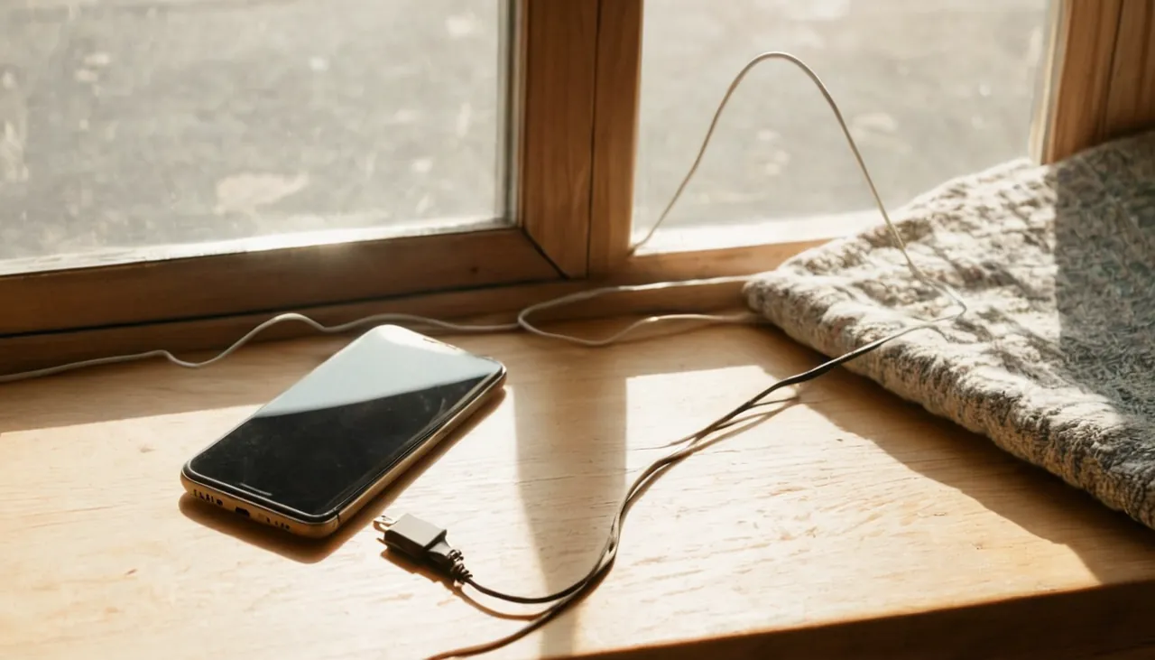 Güneşli pencere pervazında şarja takılı duran akıllı telefon