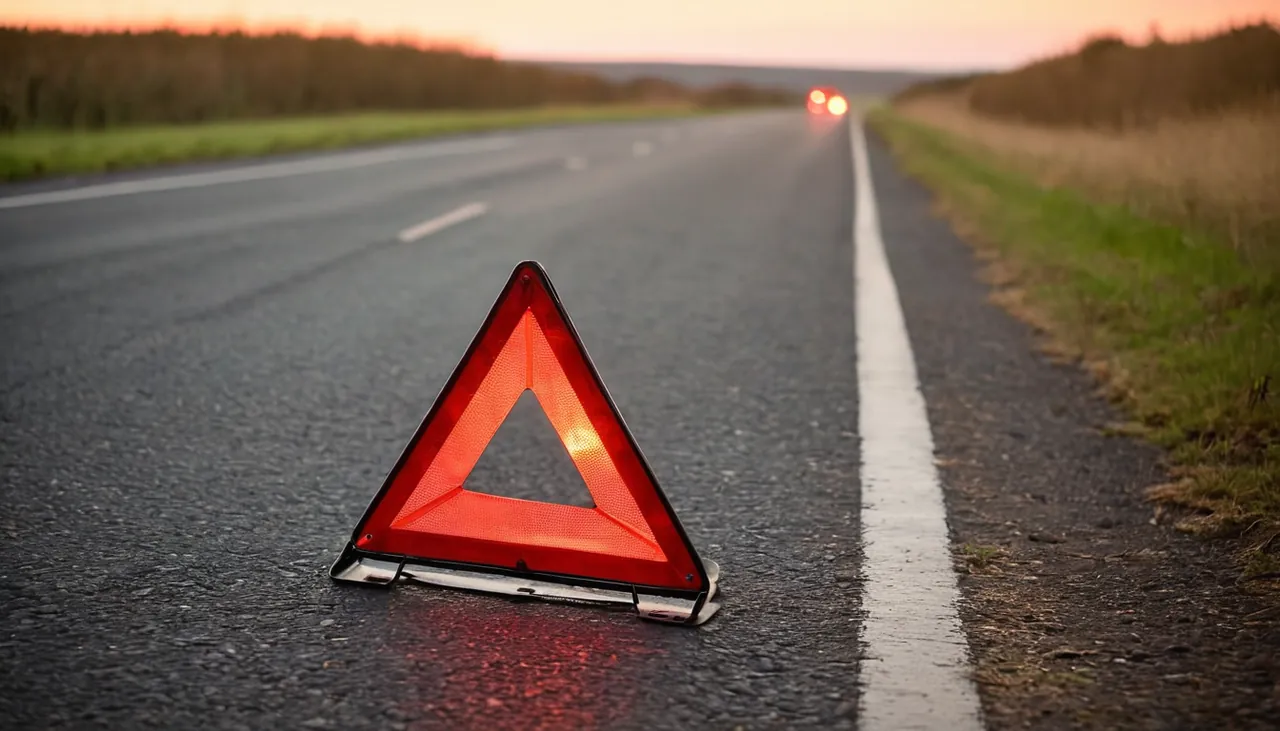 Yol kenarındaki asfalta konmuş kırmızı uyarı üçgeni