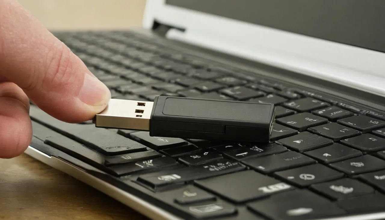 Dizüstü bilgisayara USB bellek takan el